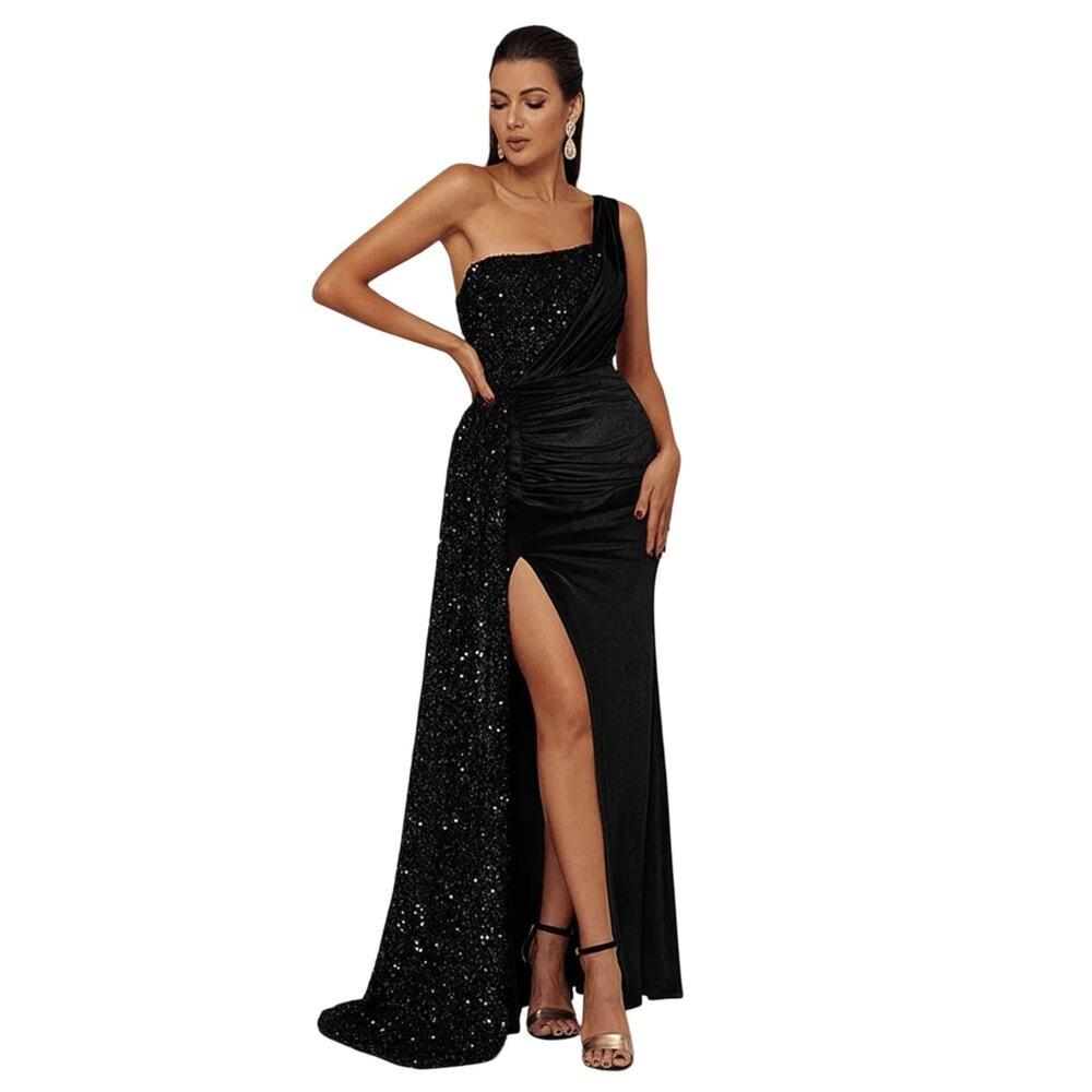 Miss ord Womens XL Black One Shoulder Sequin Velvet Ruched High Slit Maxi Dress